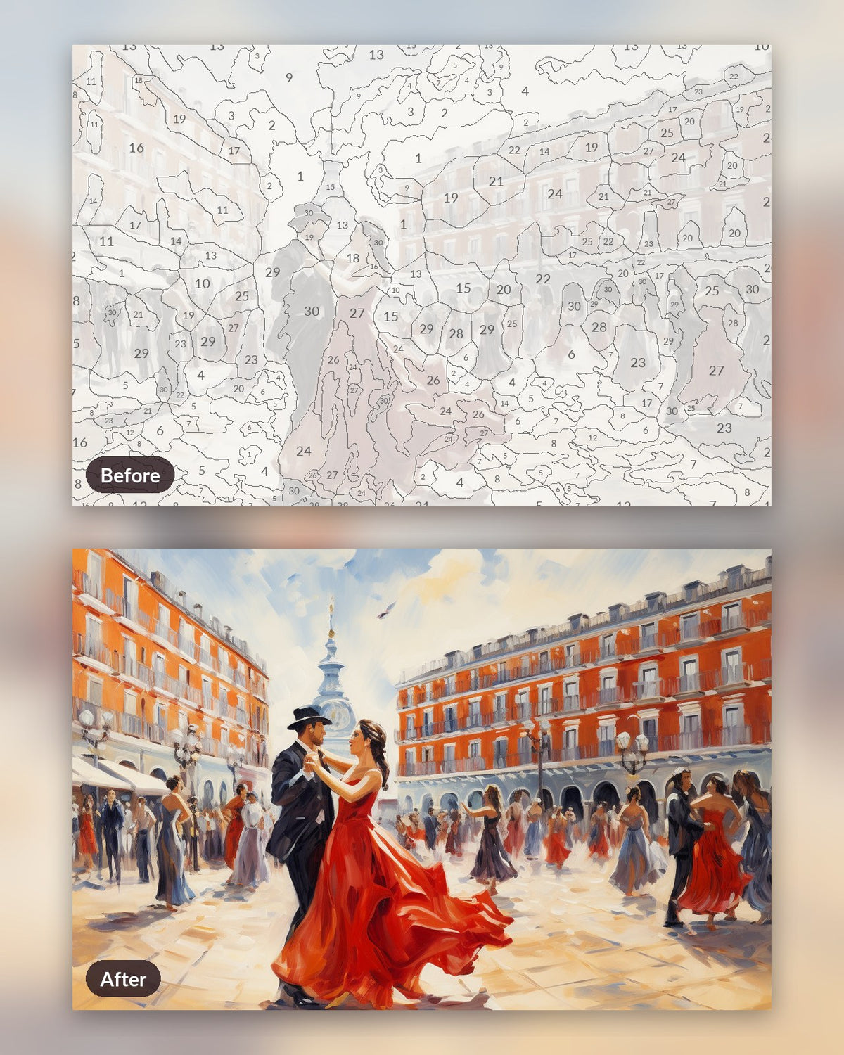 Flamenco Flow paint by numbers kit, before and after