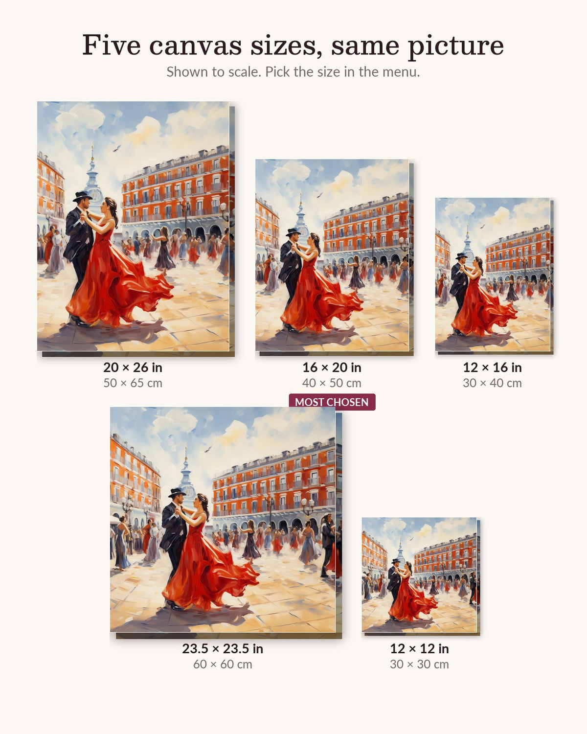 Flamenco Flow canvas sizes from 12 x 12 to 23.5 x 23.5 inches