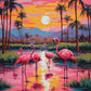 pink flamingos wading in a calm lagoon at sunset with palm trees and reflections, paint by numbers kit