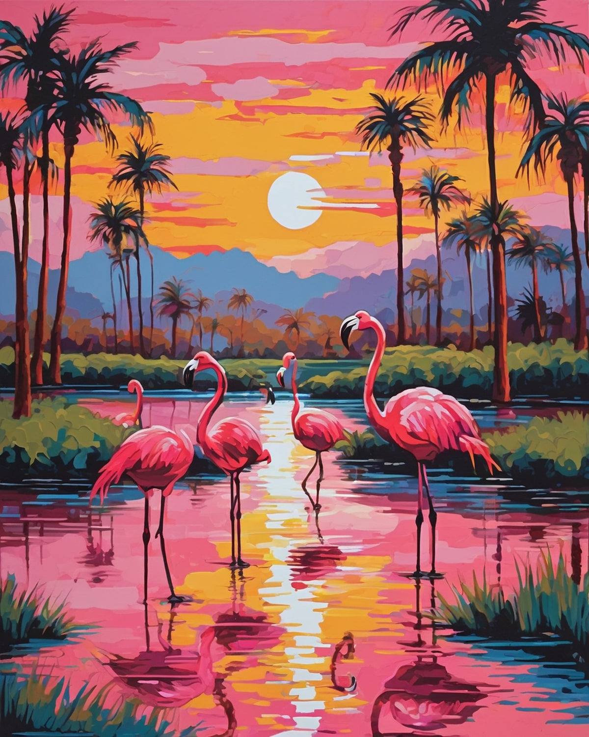 pink flamingos wading in a calm lagoon at sunset with palm trees and reflections, paint by numbers kit