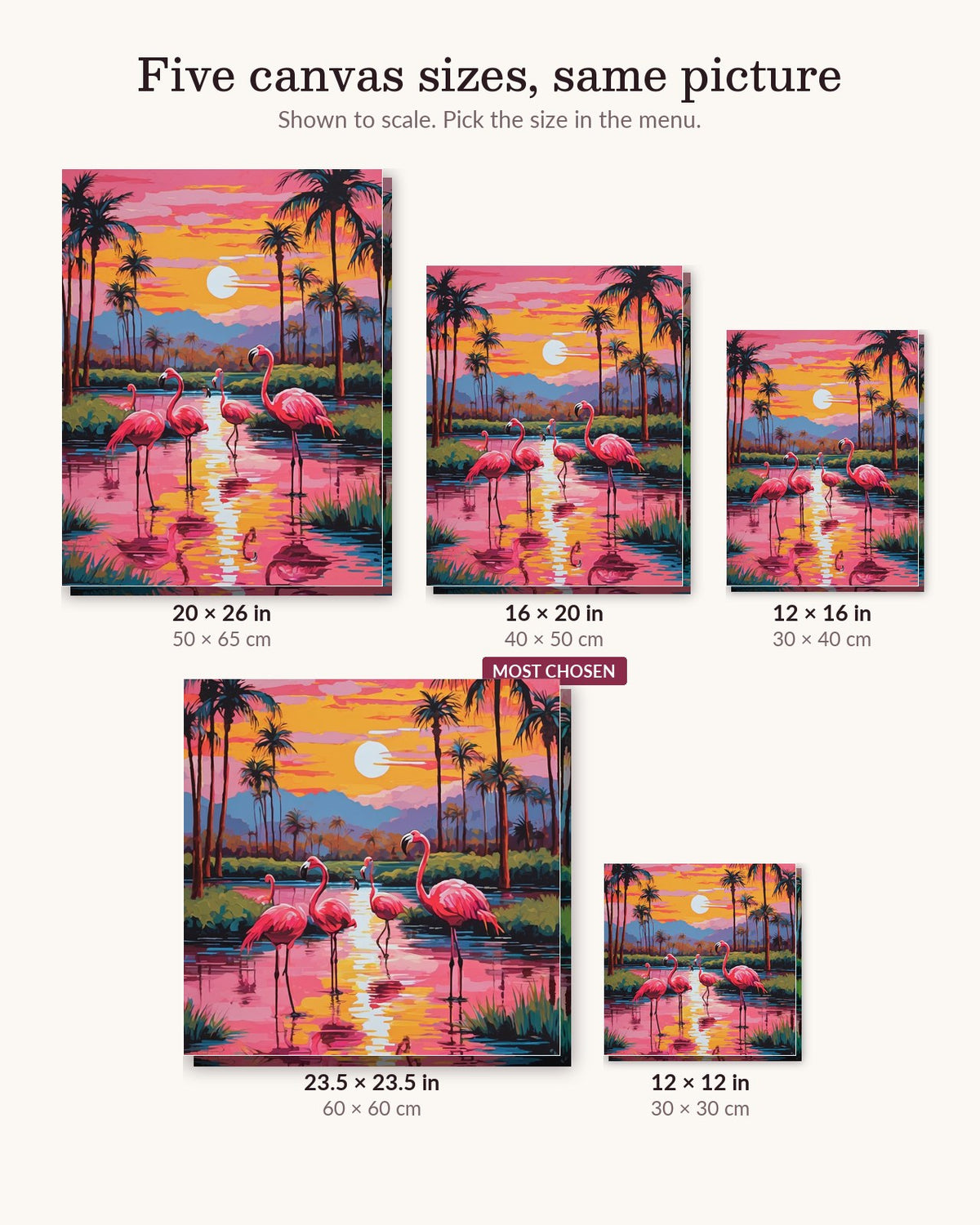 Flamingos in the Lagoon canvas sizes from 12 x 12 to 23.5 x 23.5 inches