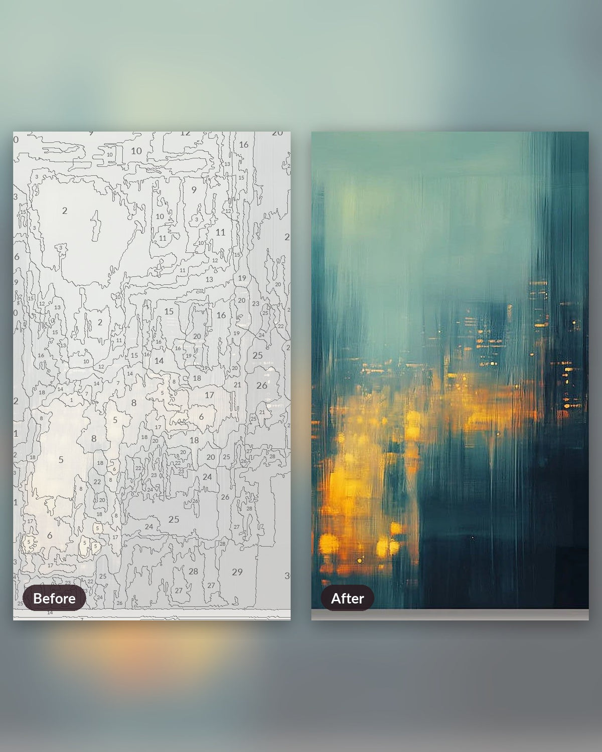 Illuminated City Nights paint by numbers kit, before and after