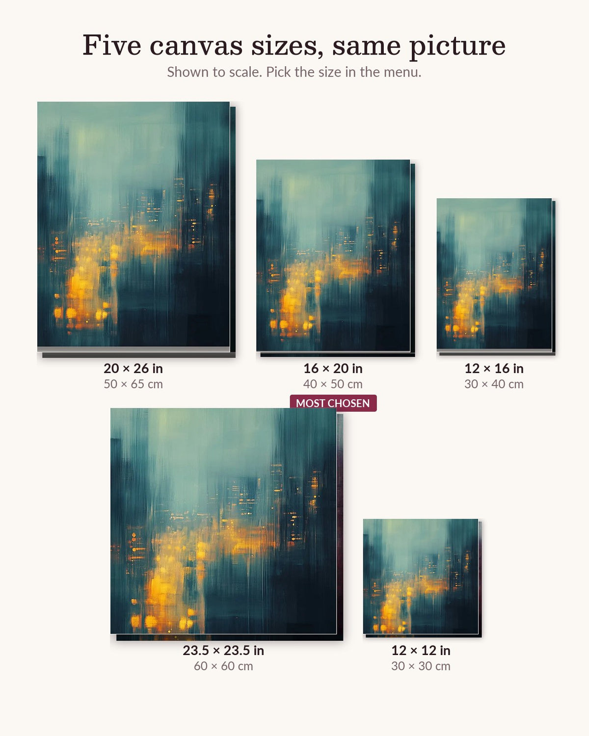 Illuminated City Nights canvas sizes from 12 x 12 to 23.5 x 23.5 inches