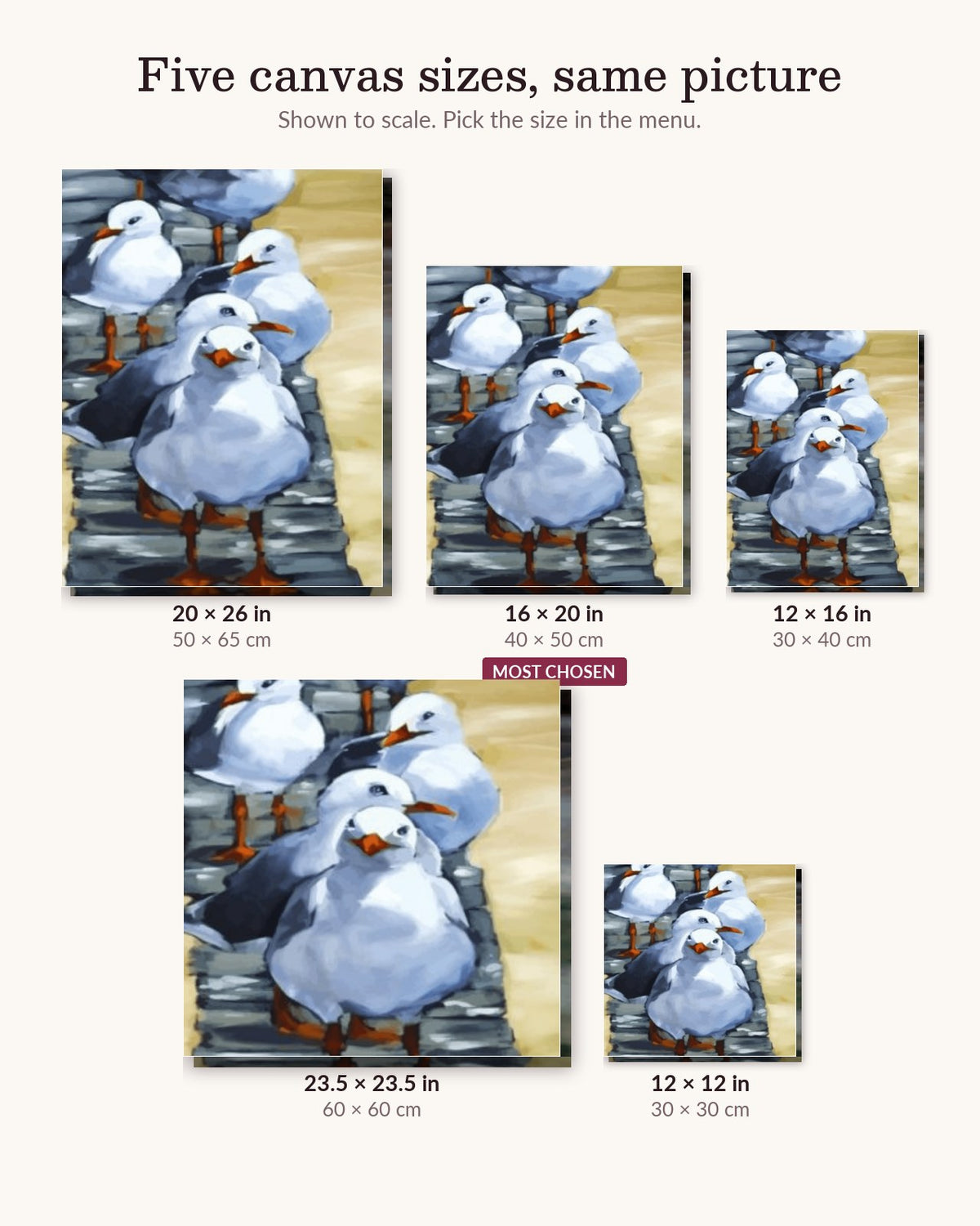 Flock Of Seagulls canvas sizes from 12 x 12 to 23.5 x 23.5 inches