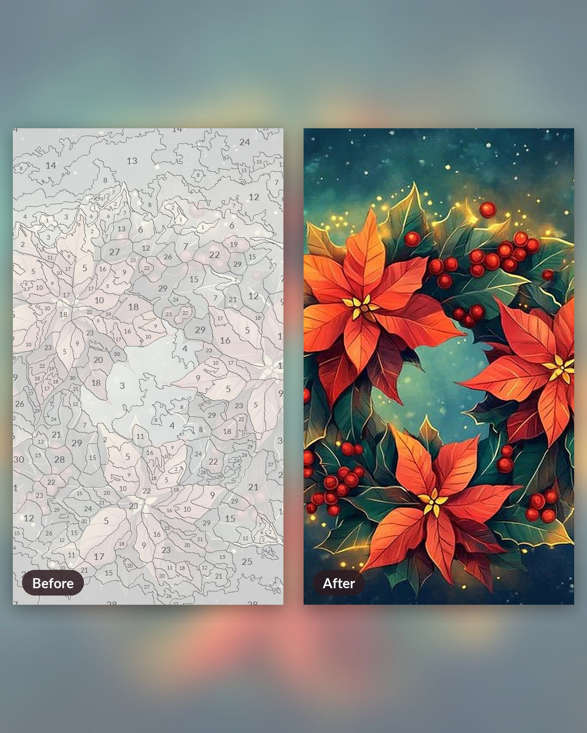 Floral Bird Nest paint by numbers kit, before and after