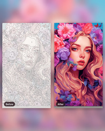 Blossom Explosion paint by numbers kit, before and after