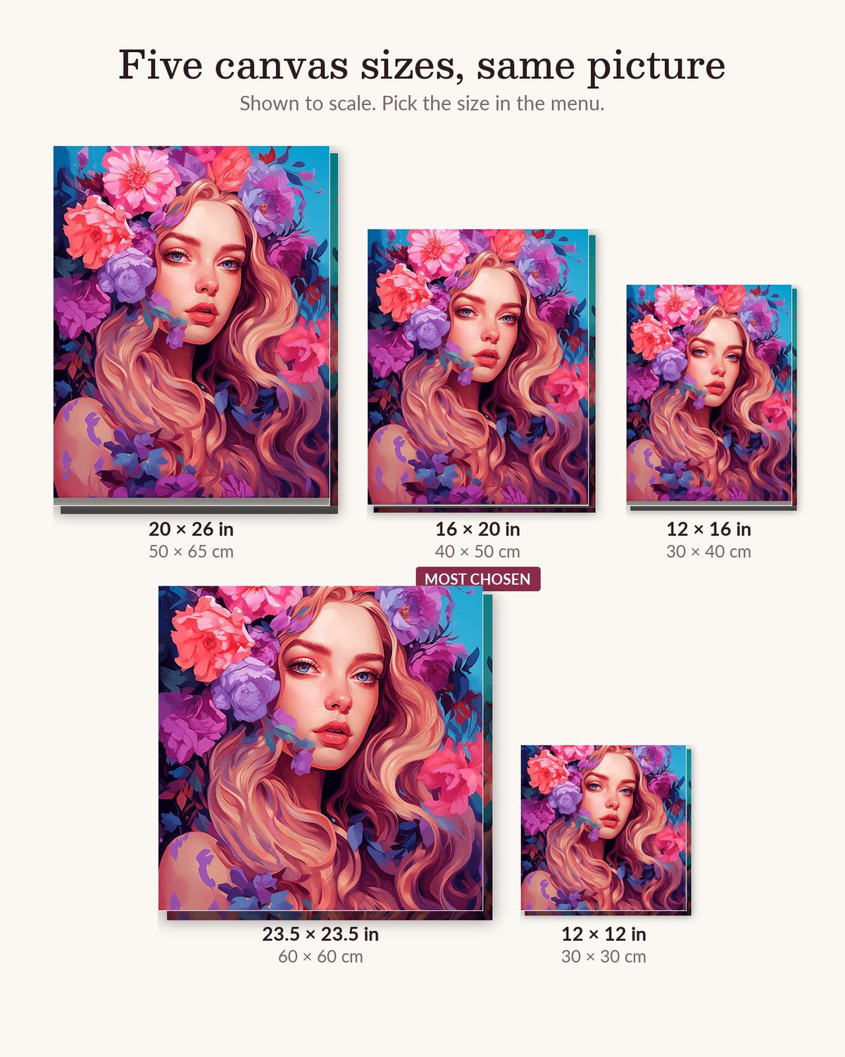 Blossom Explosion canvas sizes from 12 x 12 to 23.5 x 23.5 inches
