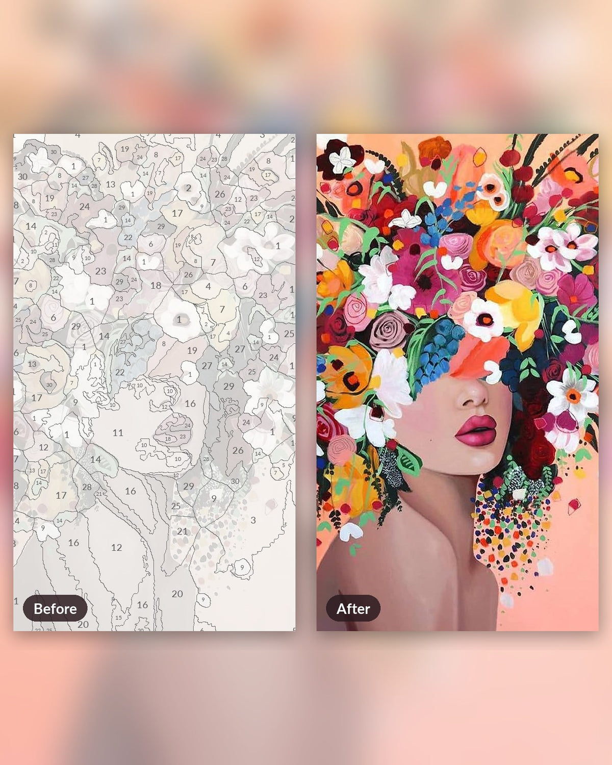 Floral Dreamer paint by numbers kit, before and after