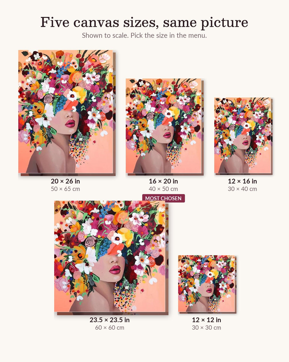 Floral Dreamer canvas sizes from 12 x 12 to 23.5 x 23.5 inches