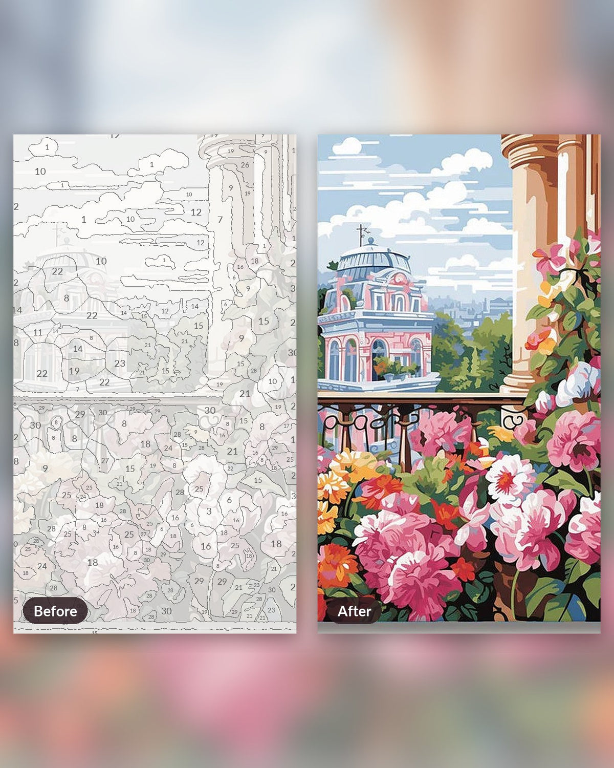 Floral Facade paint by numbers kit, before and after