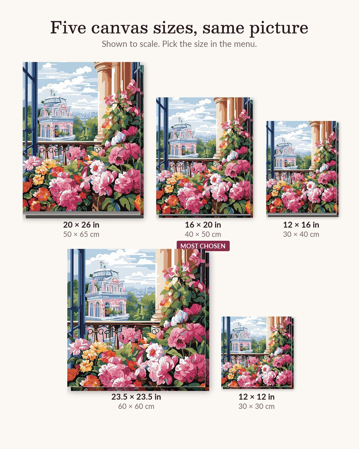 Floral Facade canvas sizes from 12 x 12 to 23.5 x 23.5 inches