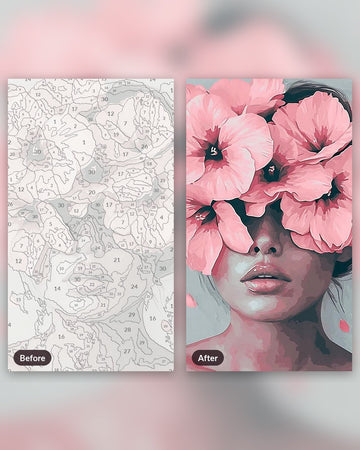 Floral Visage paint by numbers kit, before and after