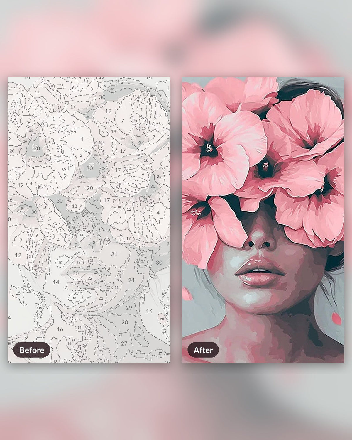 Floral Visage paint by numbers kit, before and after