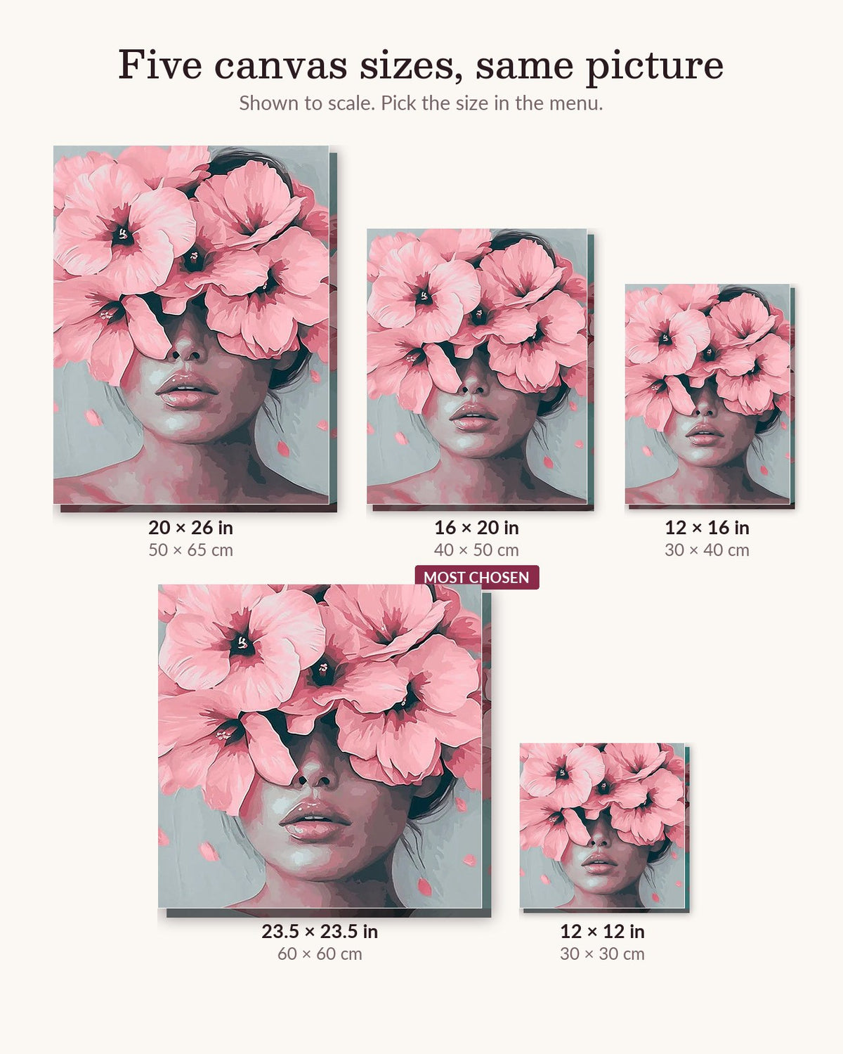 Floral Visage canvas sizes from 12 x 12 to 23.5 x 23.5 inches