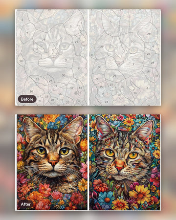 Florals Cat paint by numbers kit, before and after