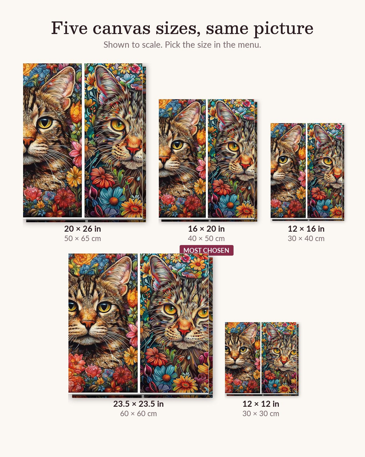 Florals Cat canvas sizes from 12 x 12 to 23.5 x 23.5 inches