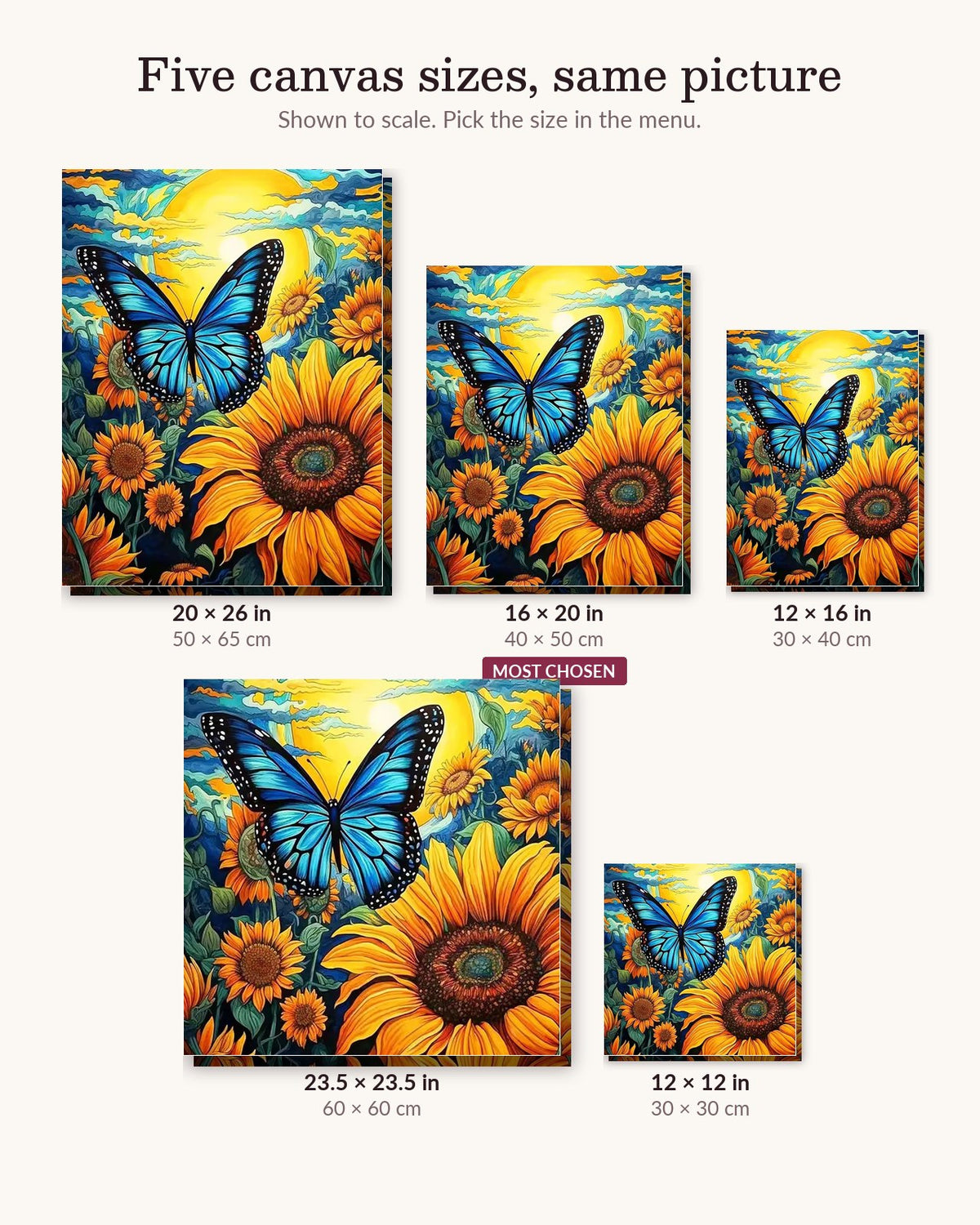 Butterfly Sunflower canvas sizes from 12 x 12 to 23.5 x 23.5 inches