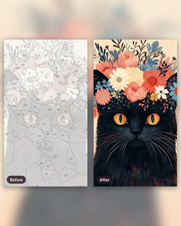 Flower Crowned Cat paint by numbers kit, before and after
