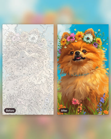 Flower Crowned Pup paint by numbers kit, before and after