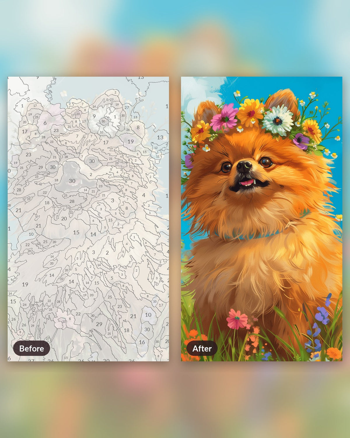 Flower Crowned Pup paint by numbers kit, before and after