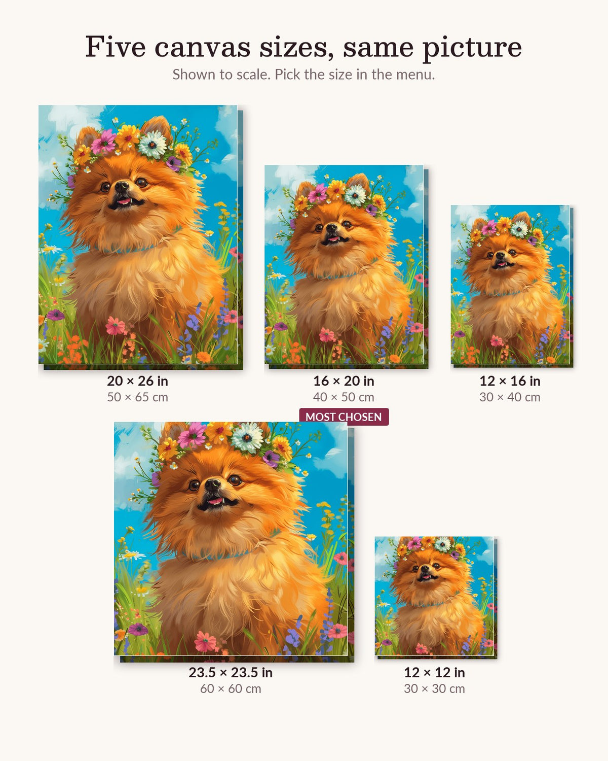 Flower Crowned Pup canvas sizes from 12 x 12 to 23.5 x 23.5 inches