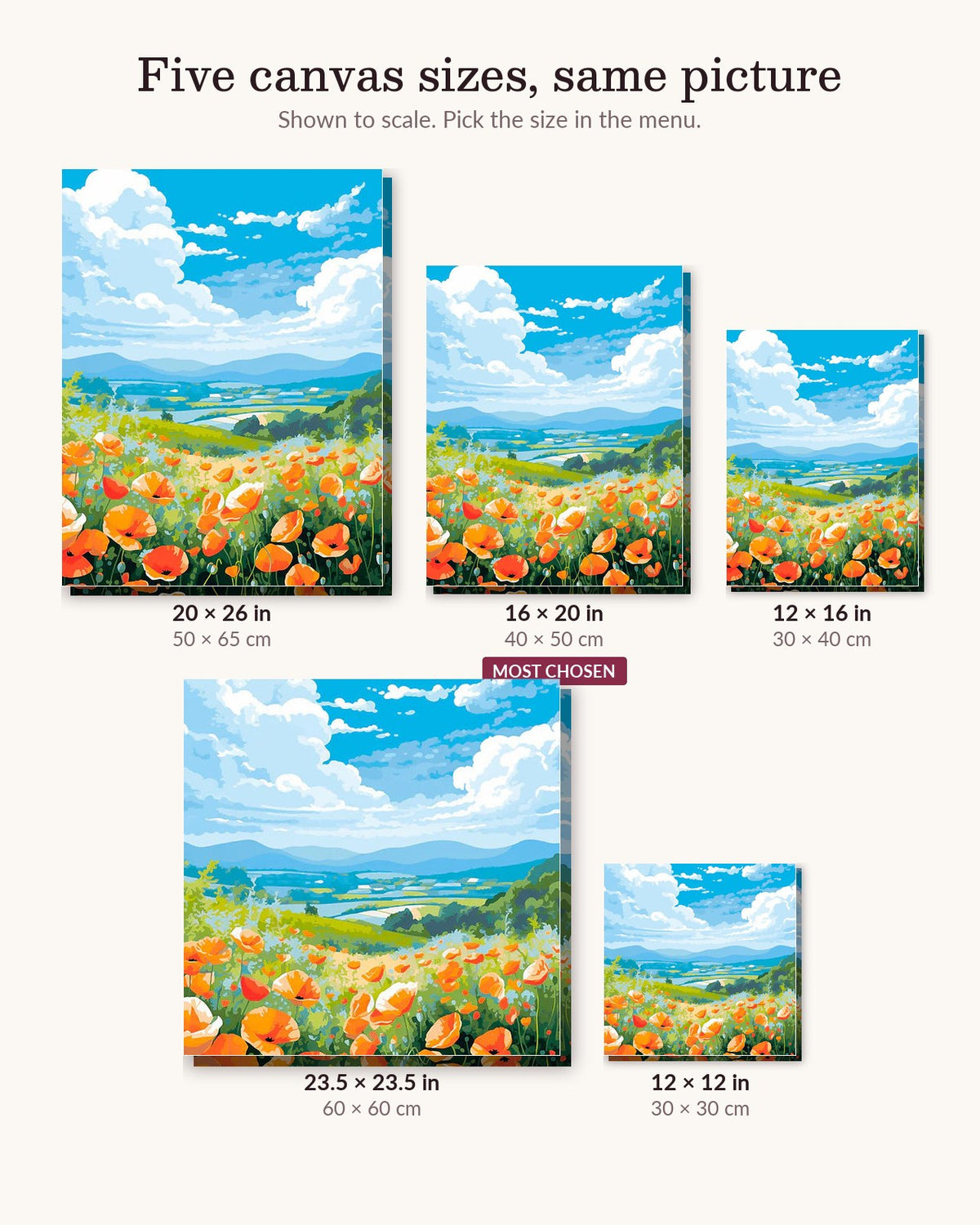 Flower Field canvas sizes from 12 x 12 to 23.5 x 23.5 inches