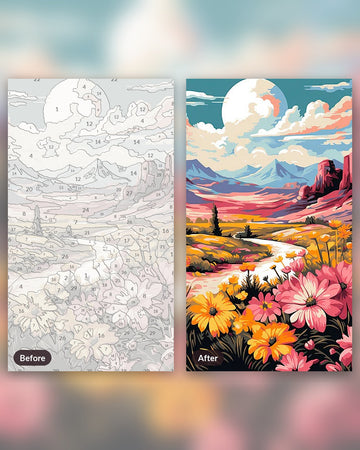 Flower Valley paint by numbers kit, before and after