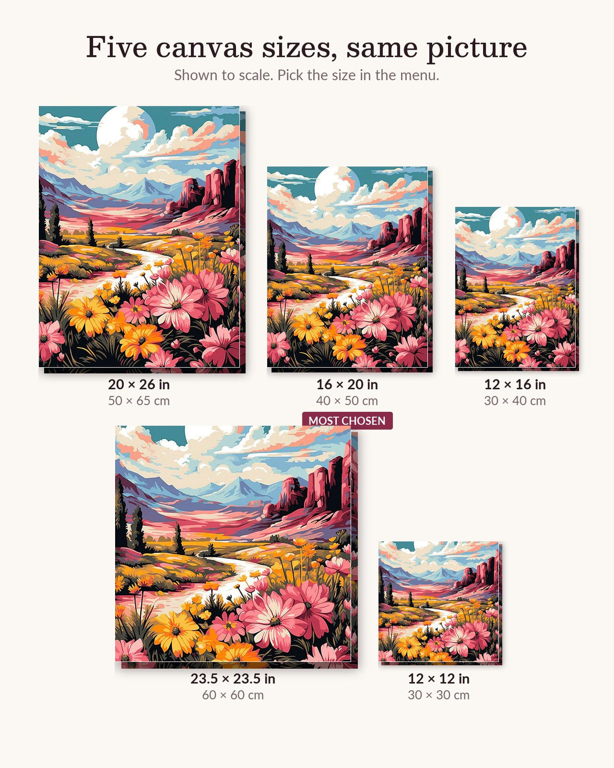 Flower Valley canvas sizes from 12 x 12 to 23.5 x 23.5 inches