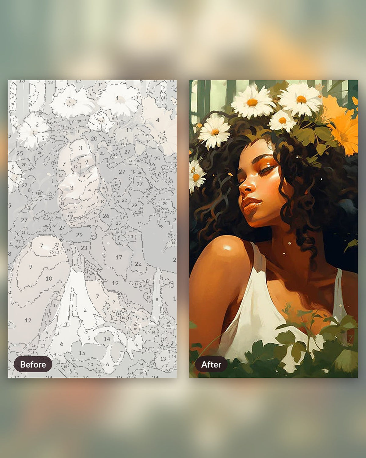 Forest Queen paint by numbers kit, before and after