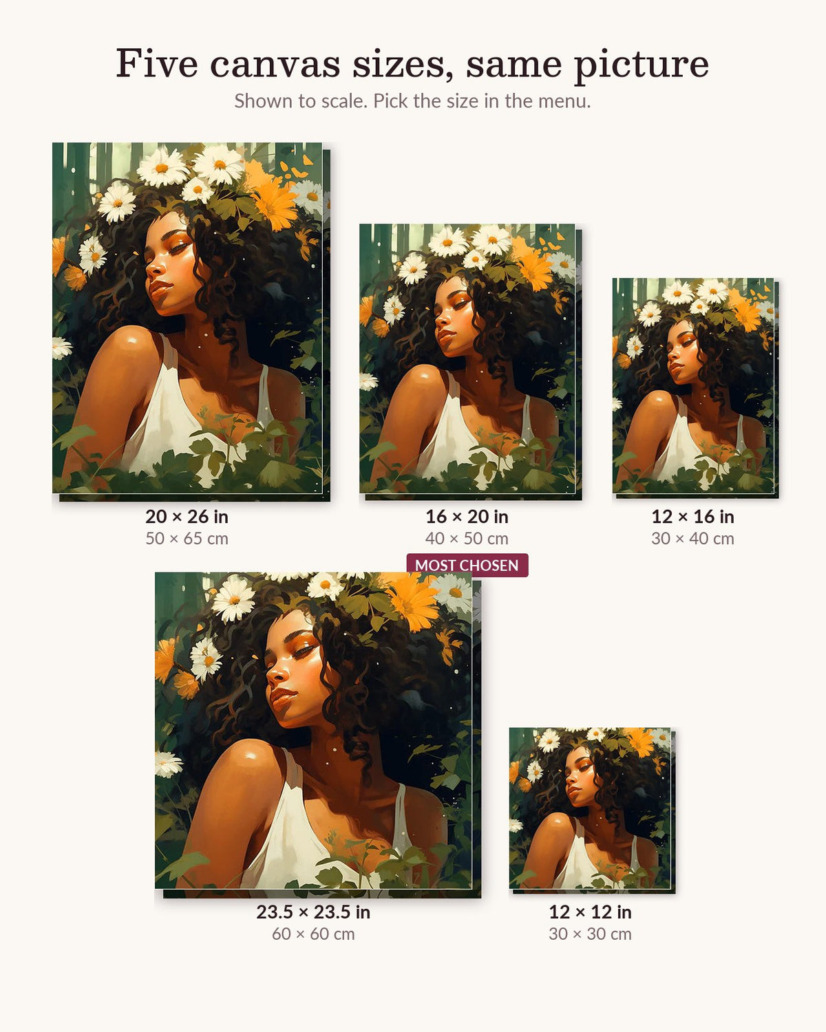Forest Queen canvas sizes from 12 x 12 to 23.5 x 23.5 inches