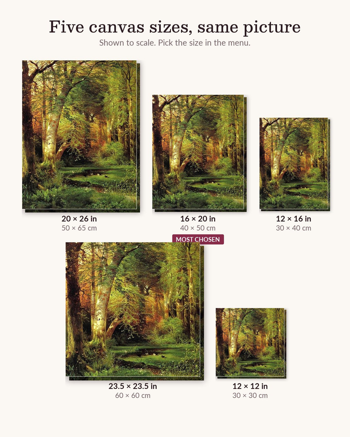 Forest Scene canvas sizes from 12 x 12 to 23.5 x 23.5 inches