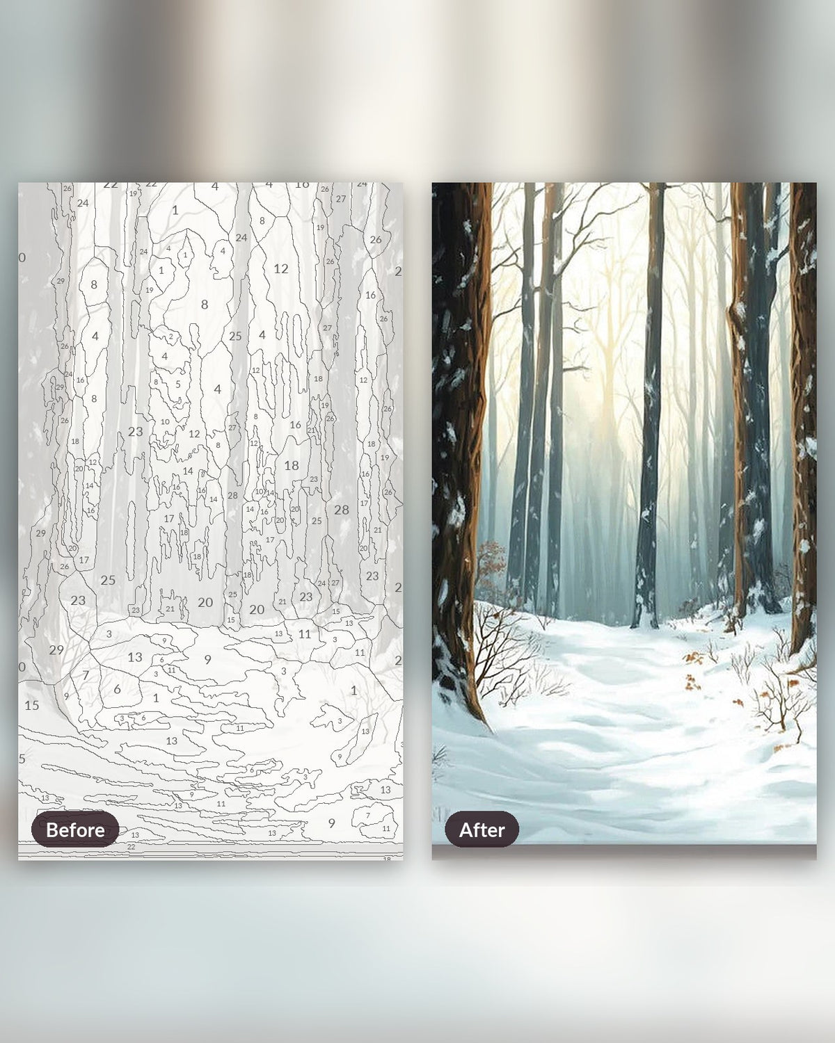 Forest Snow paint by numbers kit, before and after