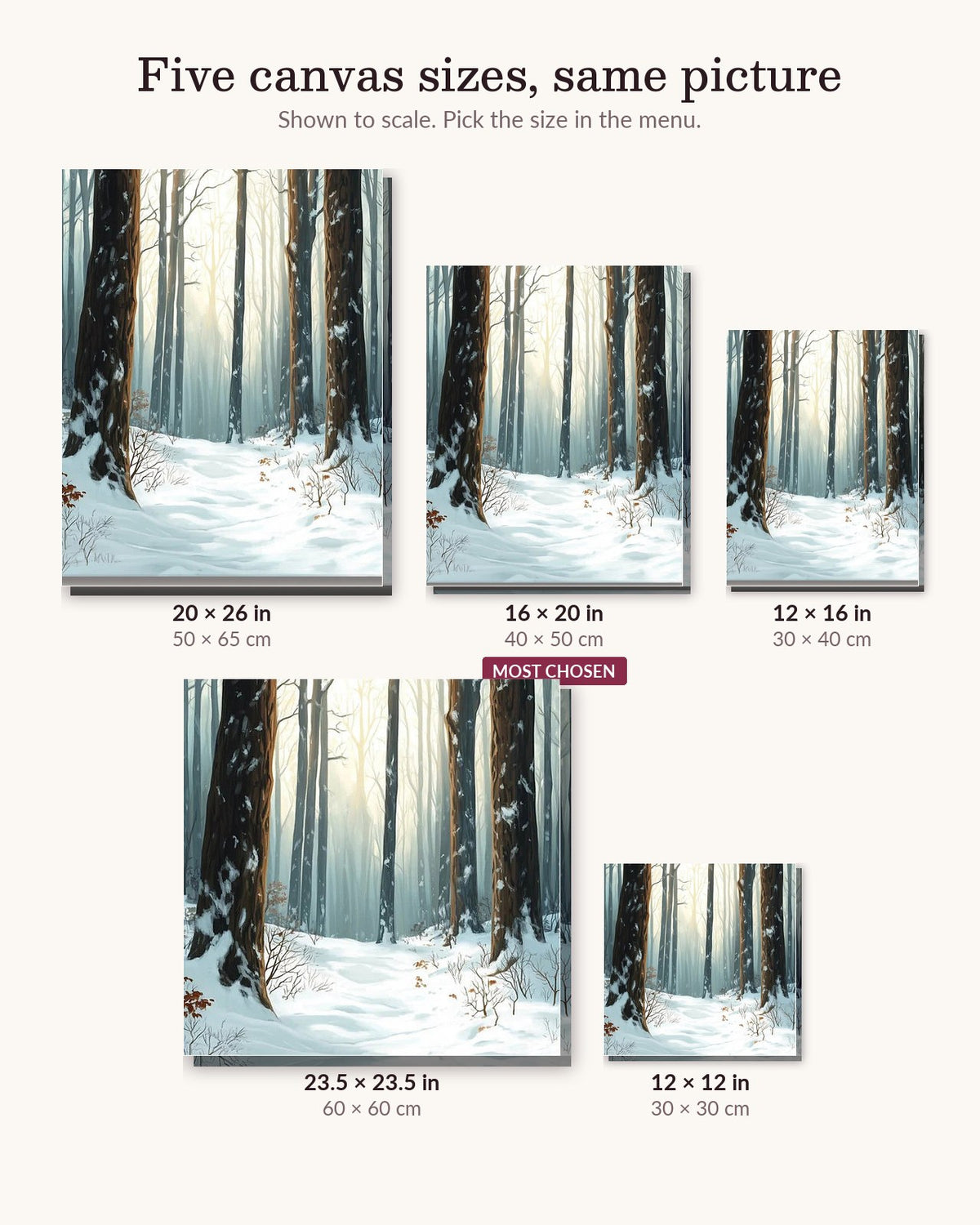Forest Snow canvas sizes from 12 x 12 to 23.5 x 23.5 inches