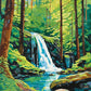 Forest Waterfall paint by numbers kit, waterfall falling into a pool in a green forest