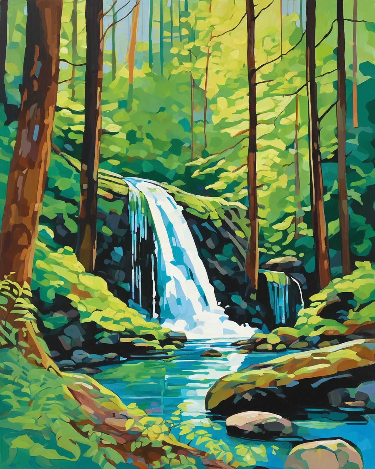 Forest Waterfall paint by numbers kit, waterfall falling into a pool in a green forest