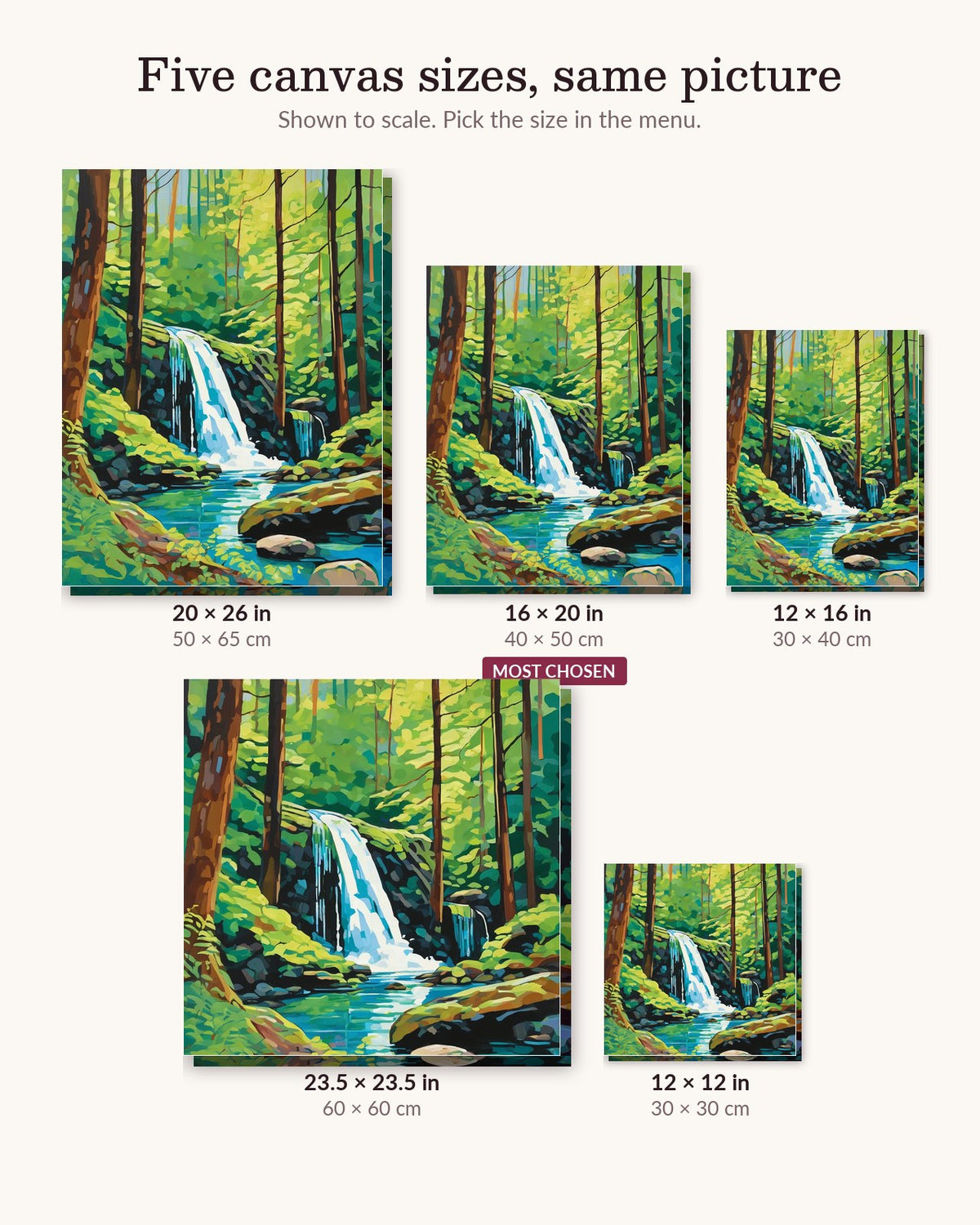 Forest Waterfall canvas sizes from 12 x 12 to 23.5 x 23.5 inches