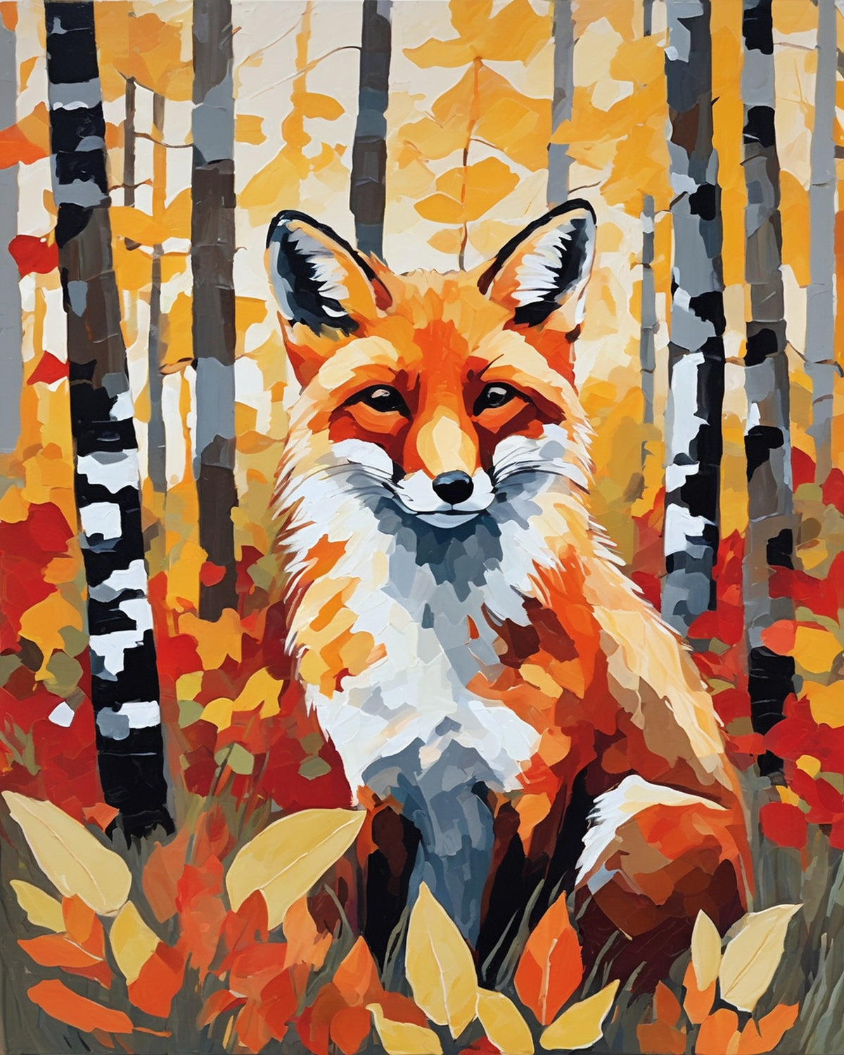 Fox in the Birch Wood paint by numbers kit, red fox sitting among ferns between white birch trunks