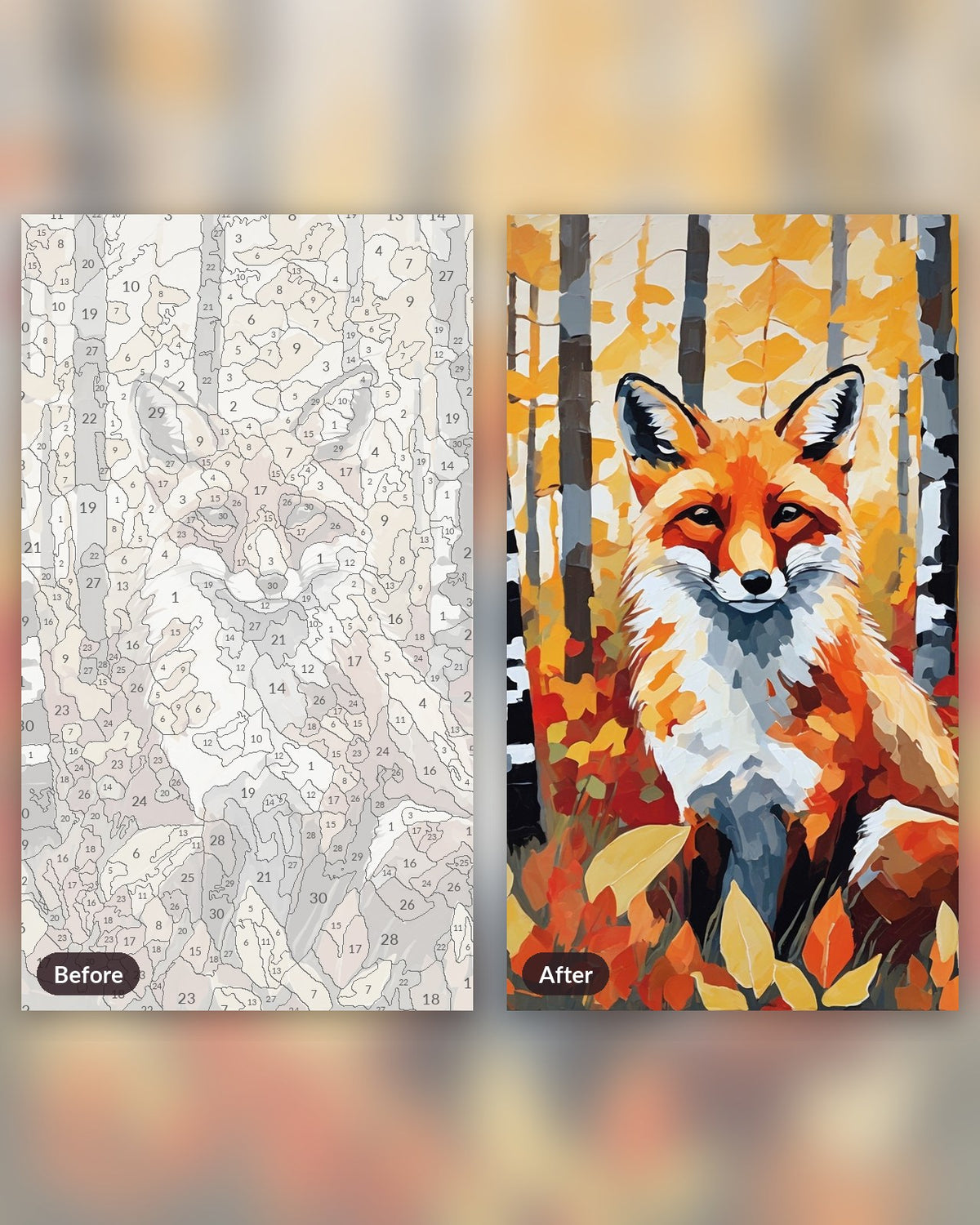 Fox in the Birch Wood paint by numbers kit, before and after