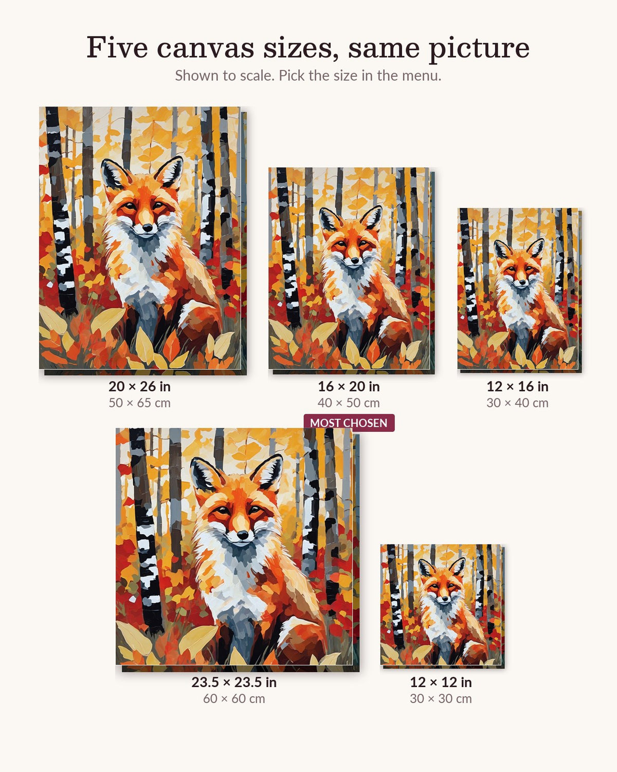 Fox in the Birch Wood canvas sizes from 12 x 12 to 23.5 x 23.5 inches