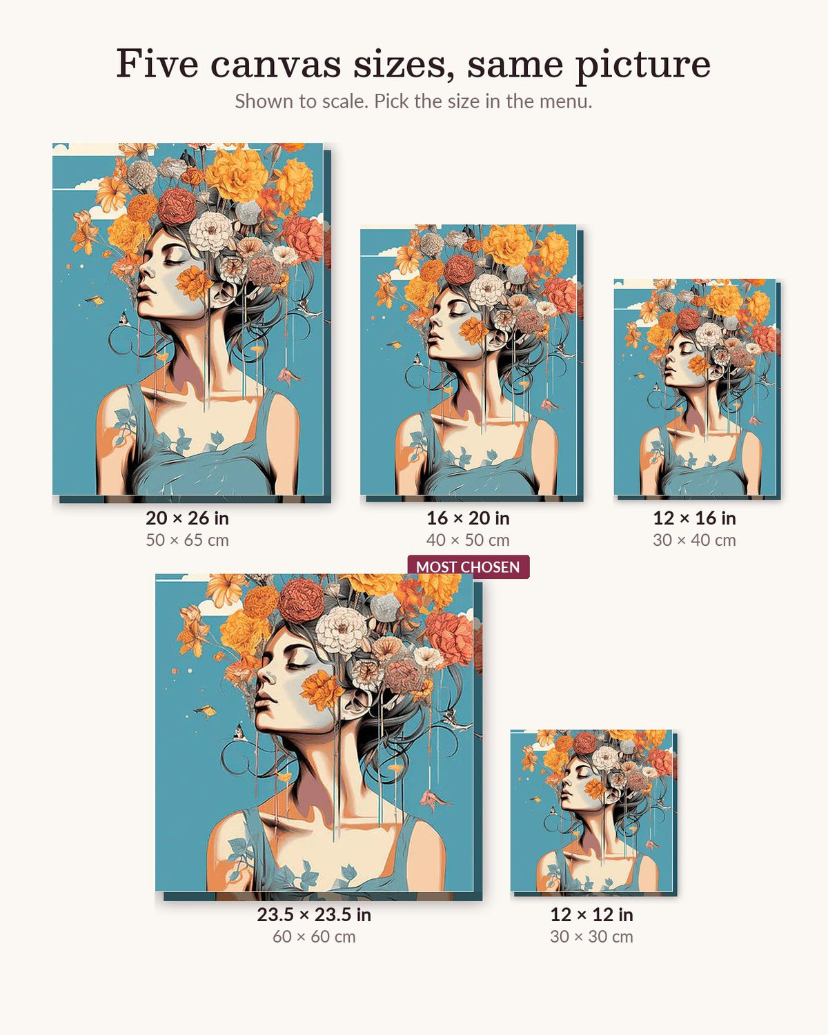 Freedom of the Soul canvas sizes from 12 x 12 to 23.5 x 23.5 inches