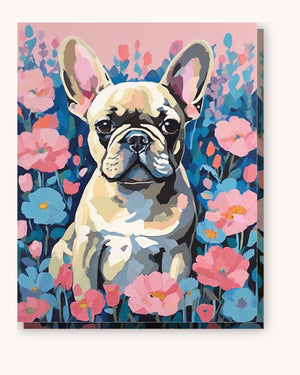 French Bulldog with Pastel Flowers paint by numbers kit on stretched canvas
