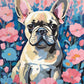 cream french bulldog with big ears sitting among pink and blue flowers, paint by numbers kit