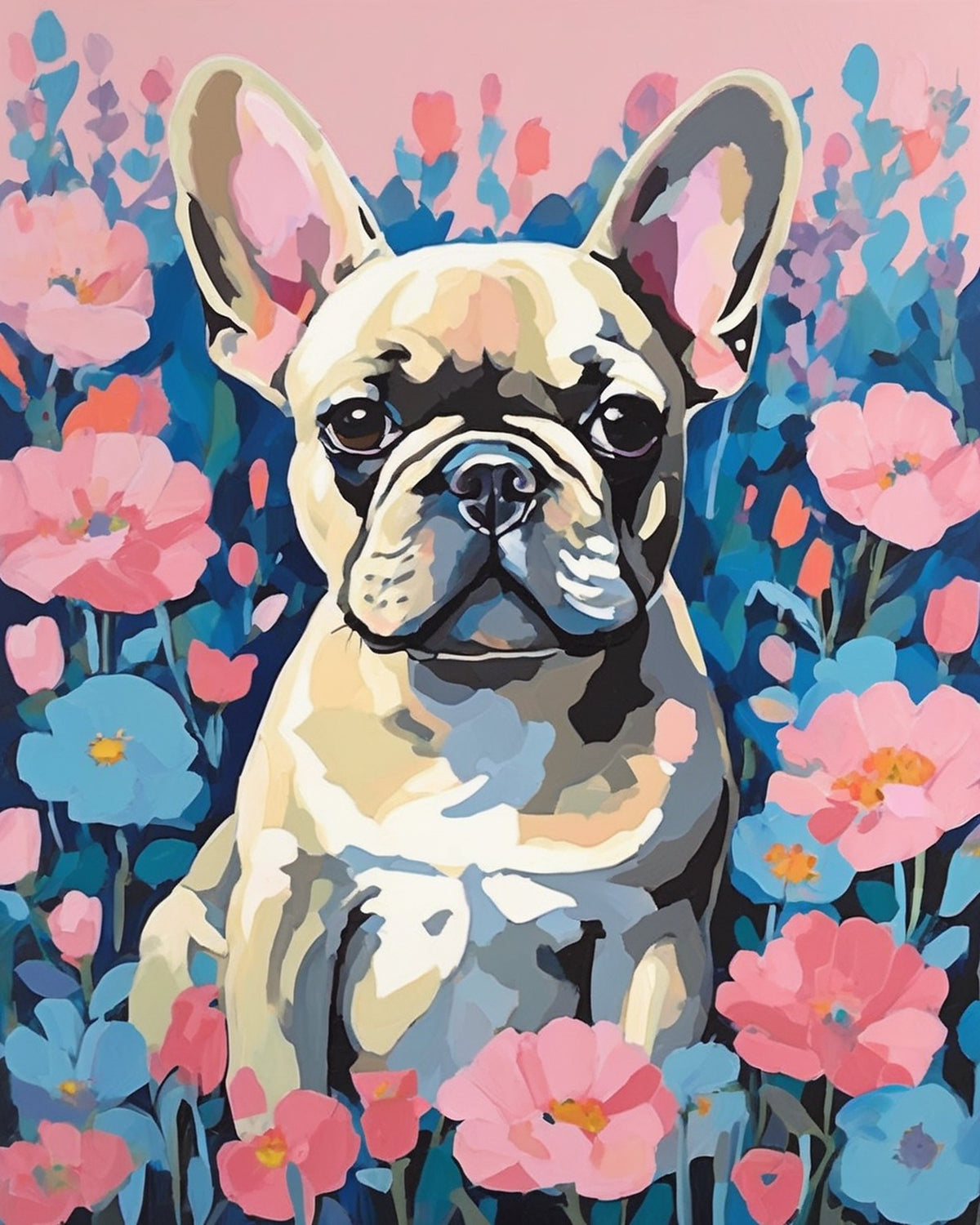 cream french bulldog with big ears sitting among pink and blue flowers, paint by numbers kit