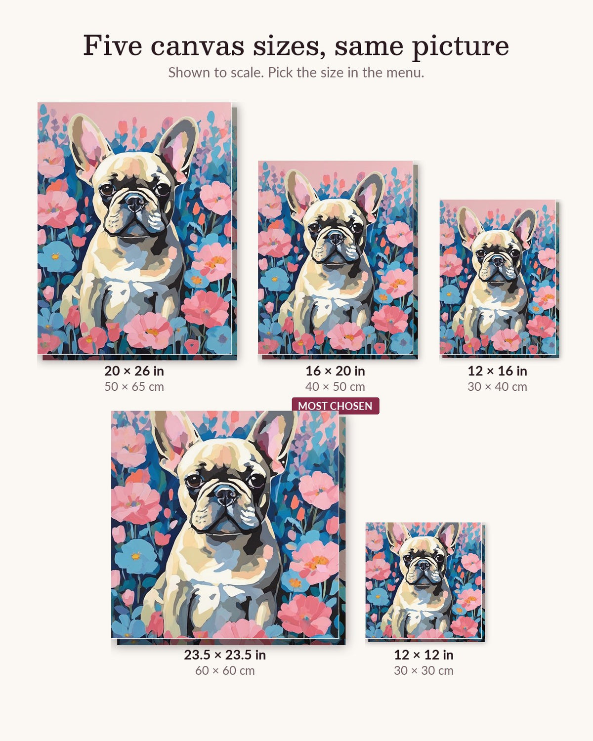 French Bulldog with Pastel Flowers canvas sizes from 12 x 12 to 23.5 x 23.5 inches