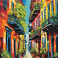 narrow new orleans street with colorful buildings, iron balconies and hanging plants, paint by numbers kit