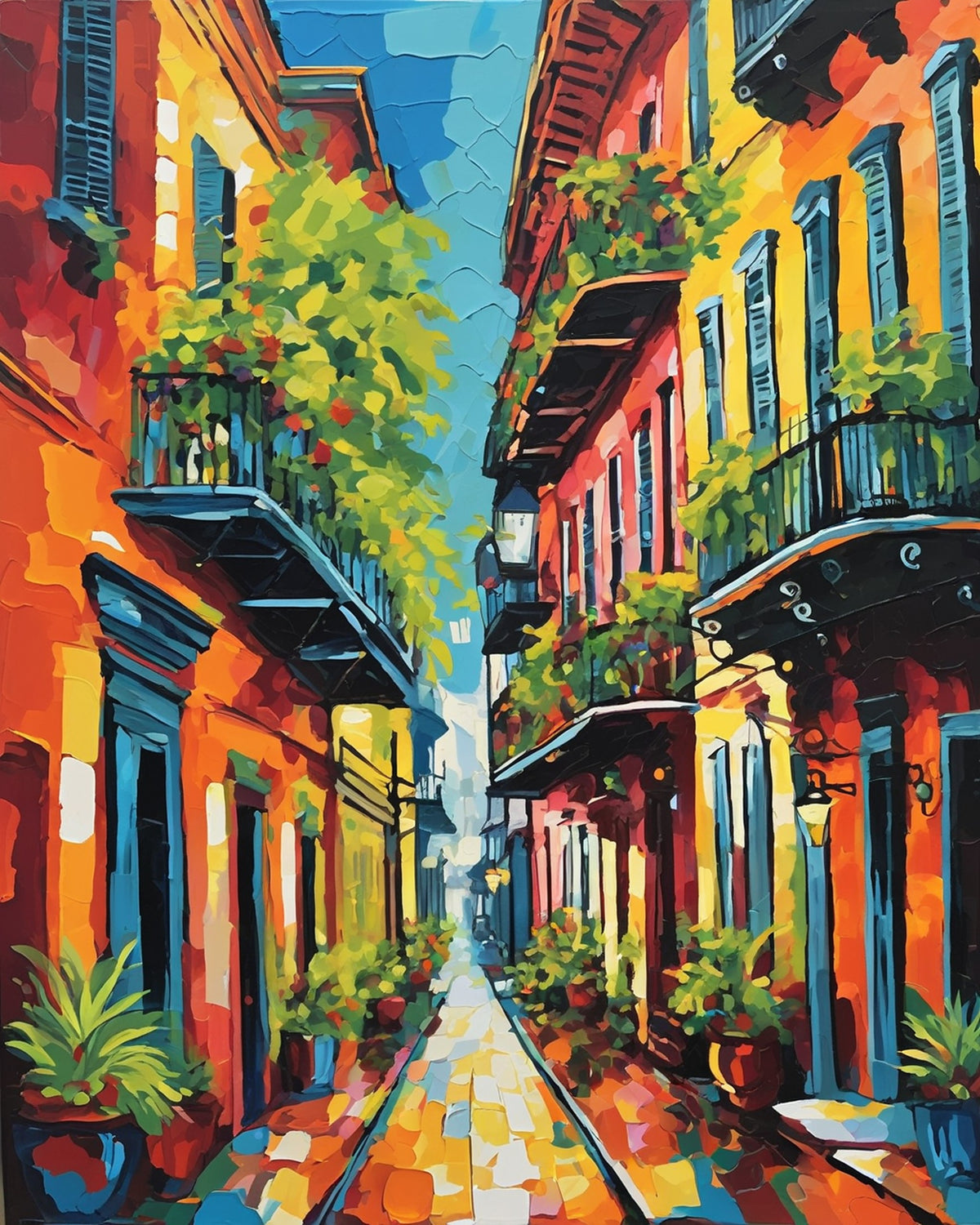 narrow new orleans street with colorful buildings, iron balconies and hanging plants, paint by numbers kit