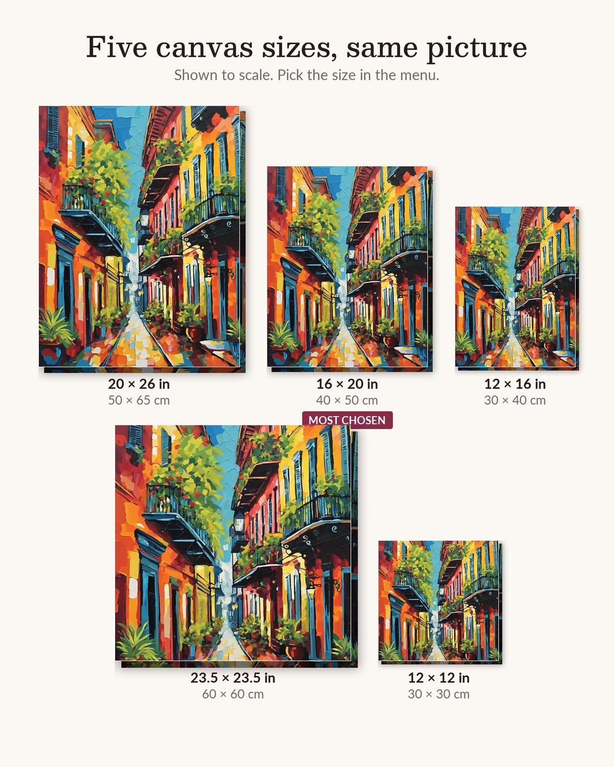 French Quarter Street with Balconies canvas sizes from 12 x 12 to 23.5 x 23.5 inches