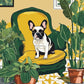 Frenchie on the Sofa paint by numbers kit, French bulldog sitting on a yellow velvet sofa