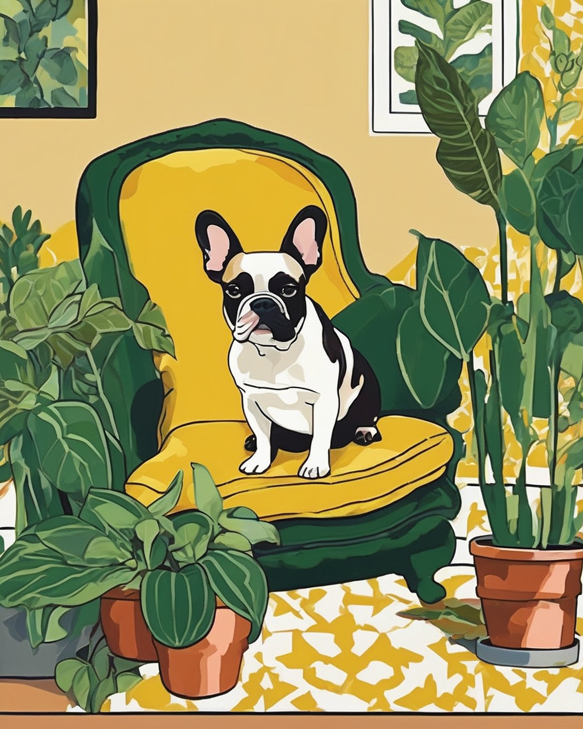 Frenchie on the Sofa paint by numbers kit, French bulldog sitting on a yellow velvet sofa