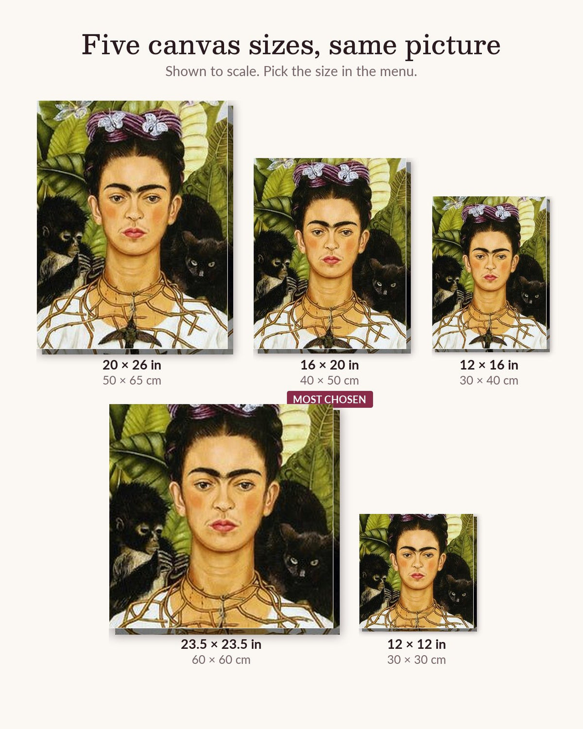 Frida Kahlo canvas sizes from 12 x 12 to 23.5 x 23.5 inches